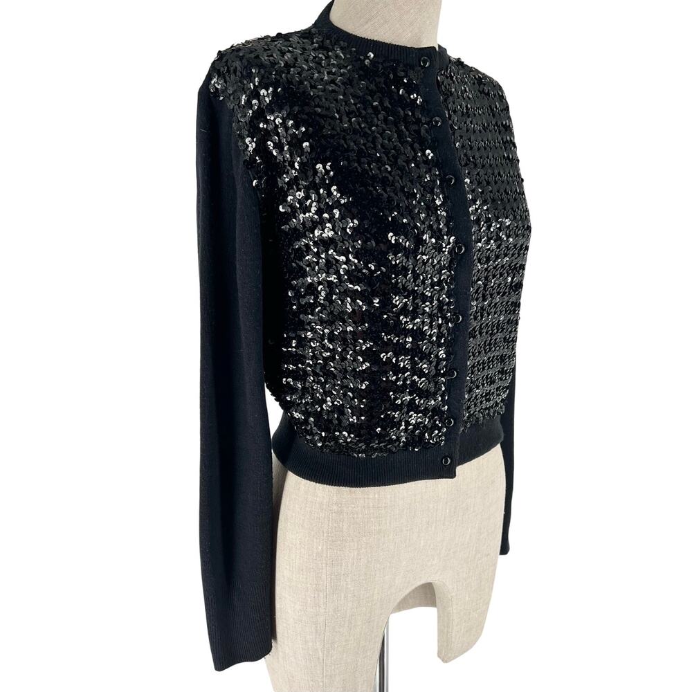 50s Cardigan Sweater Black Sequined Crop Length 1950s Vintage